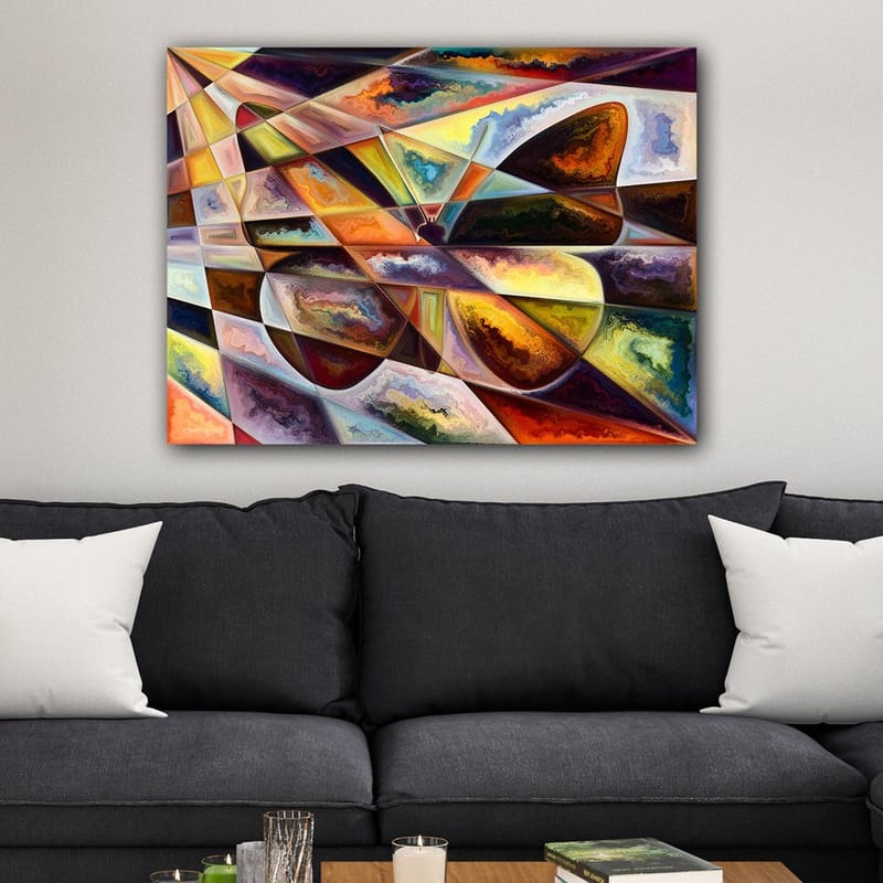 Lærred 70x100 cm - Abstrakt komposition med geometriske former og dynamiske farveovergange - Guld / Mørkebrun / Orange - Boligtilbehør - Billeder & kunst - Billeder på lærred