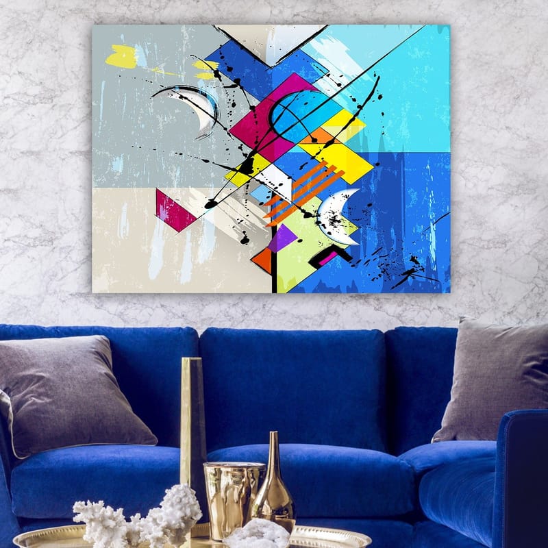 Lærred 70x100 cm - Abstrakt komposition med geometriske former og dynamiske linjer - Blå / Lyserød / Gul - Boligtilbehør - Billeder & kunst - Billeder på lærred