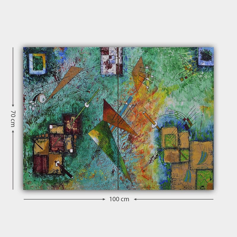 Lærred 70x100 cm - Abstrakt komposition med geometriske former og dynamiske linjer i en farverig harmoni - Grøn / Orange / Brun - Boligtilbehør - Billeder & kunst - Billeder på lærred