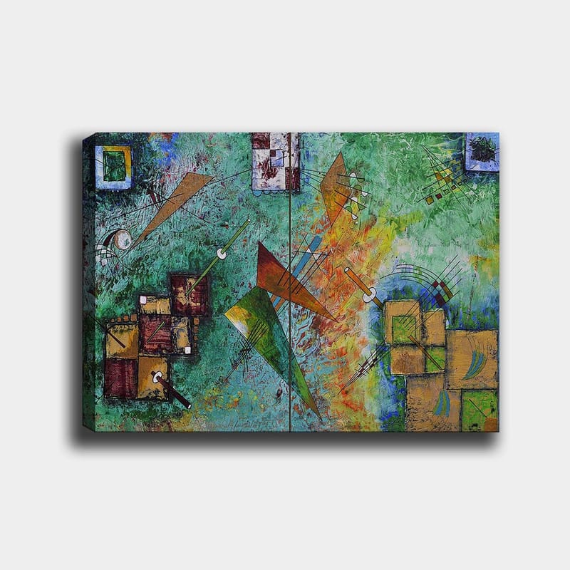 Lærred 70x100 cm - Abstrakt komposition med geometriske former og dynamiske linjer i en farverig harmoni, Grøn / Orange / Brun