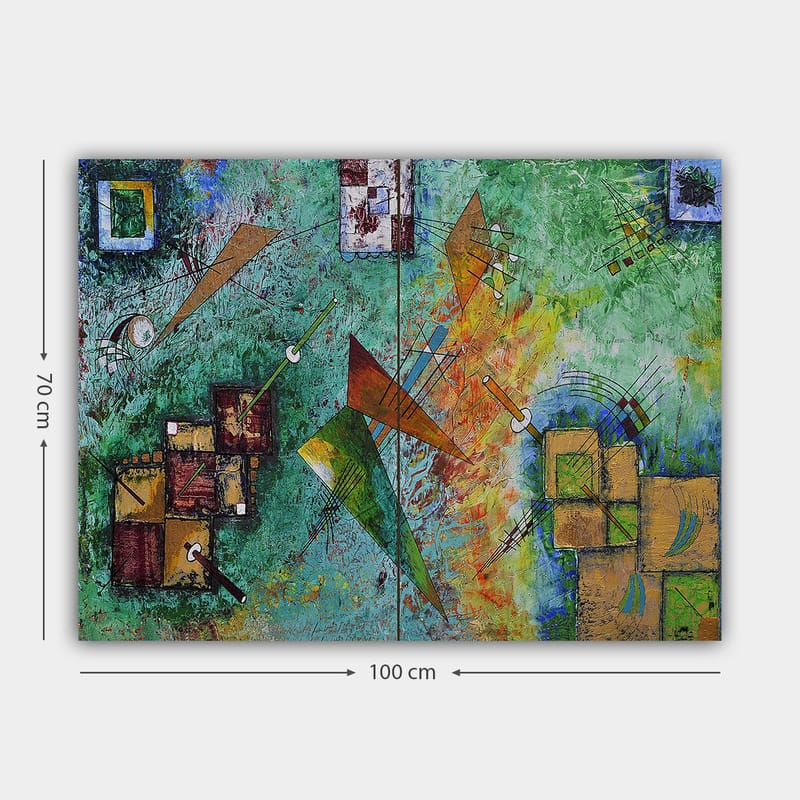Lærred 70x100 cm - Abstrakt komposition med geometriske former og dynamiske linjer i en farverig harmoni - Grøn / Orange / Brun - Boligtilbehør - Billeder & kunst - Billeder på lærred