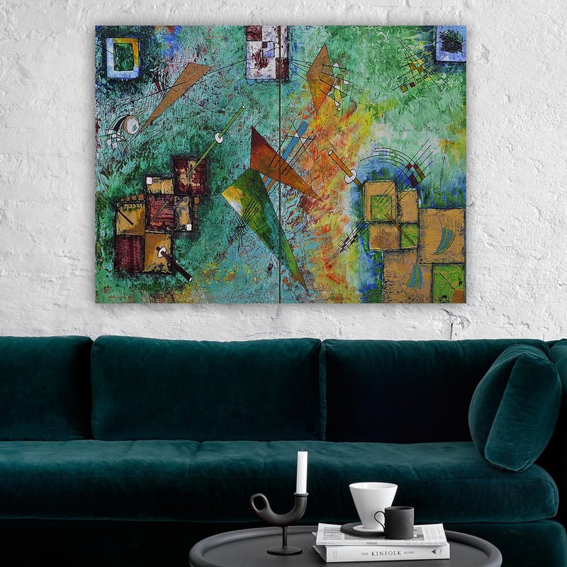 Lærred 70x100 cm - Abstrakt komposition med geometriske former og dynamiske linjer i en farverig harmoni - Grøn / Orange / Brun - Boligtilbehør - Billeder & kunst - Billeder på lærred