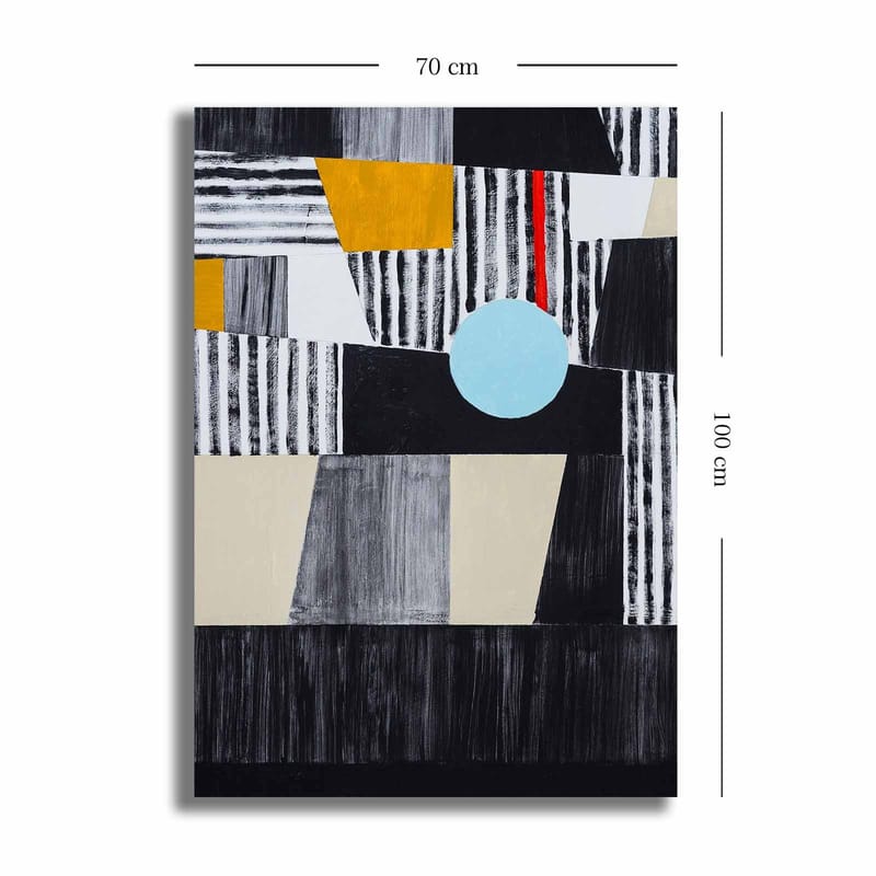 Lærred 70x100 cm - Abstrakt komposition med geometriske former og en central cirkel - Sort / Lyseblå / Guld - Boligtilbehør - Billeder & kunst - Billeder på lærred