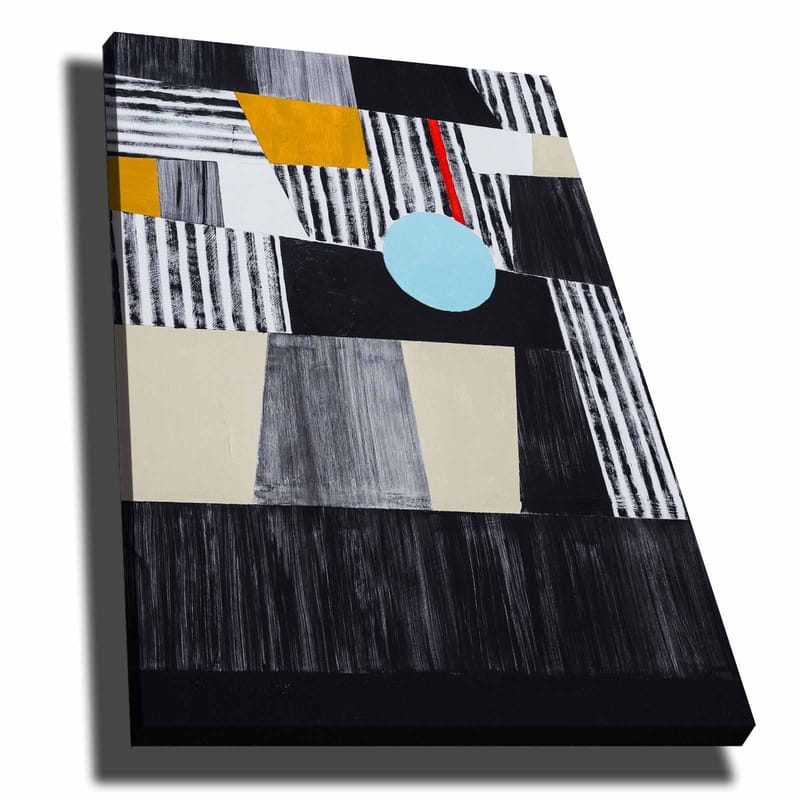 Lærred 70x100 cm - Abstrakt komposition med geometriske former og en central cirkel, Sort / Lyseblå / Guld