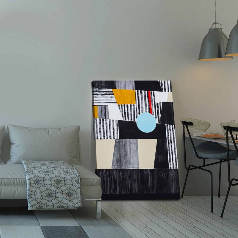 Lærred 70x100 cm - Abstrakt komposition med geometriske former og en central cirkel - Sort / Lyseblå / Guld - Boligtilbehør - Billeder & kunst - Billeder på lærred