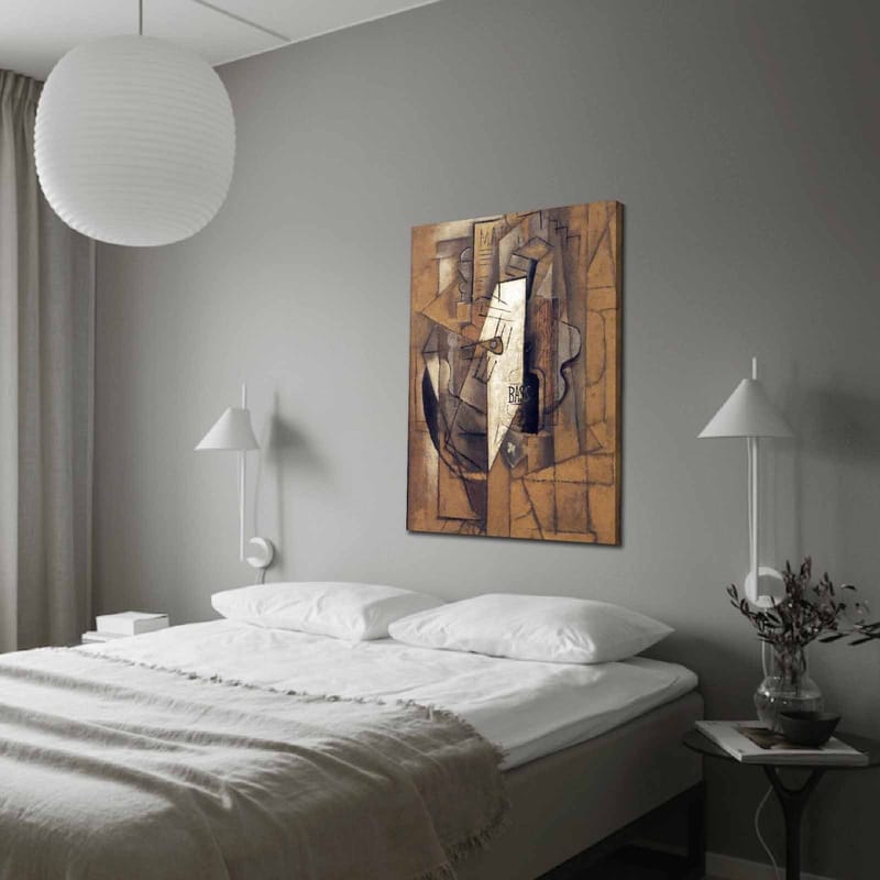 Lærred 70x100 cm - Abstrakt komposition med geometriske former og en central hvid figur, Brun / Hvid / Sort