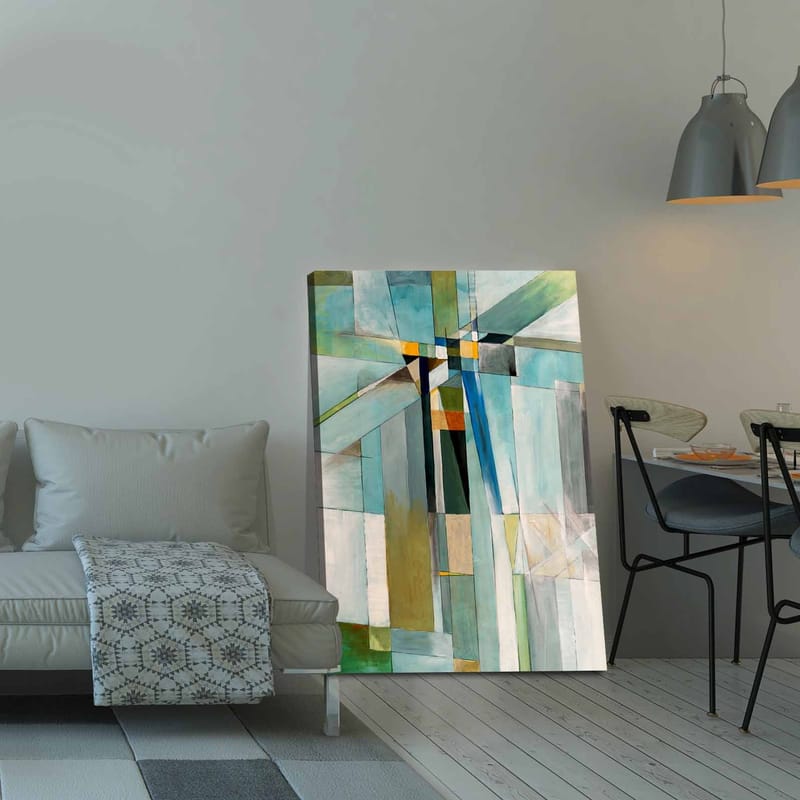 Lærred 70x100 cm - Abstrakt komposition med geometriske former og en harmonisk farvepalet - Blå / Grøn / Beige - Boligtilbehør - Billeder & kunst - Billeder på lærred