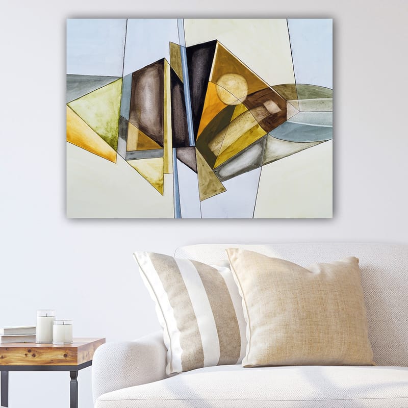 Lærred 70x100 cm - Abstrakt komposition med geometriske former og et solsymbol, Guld / Grøn / Brun