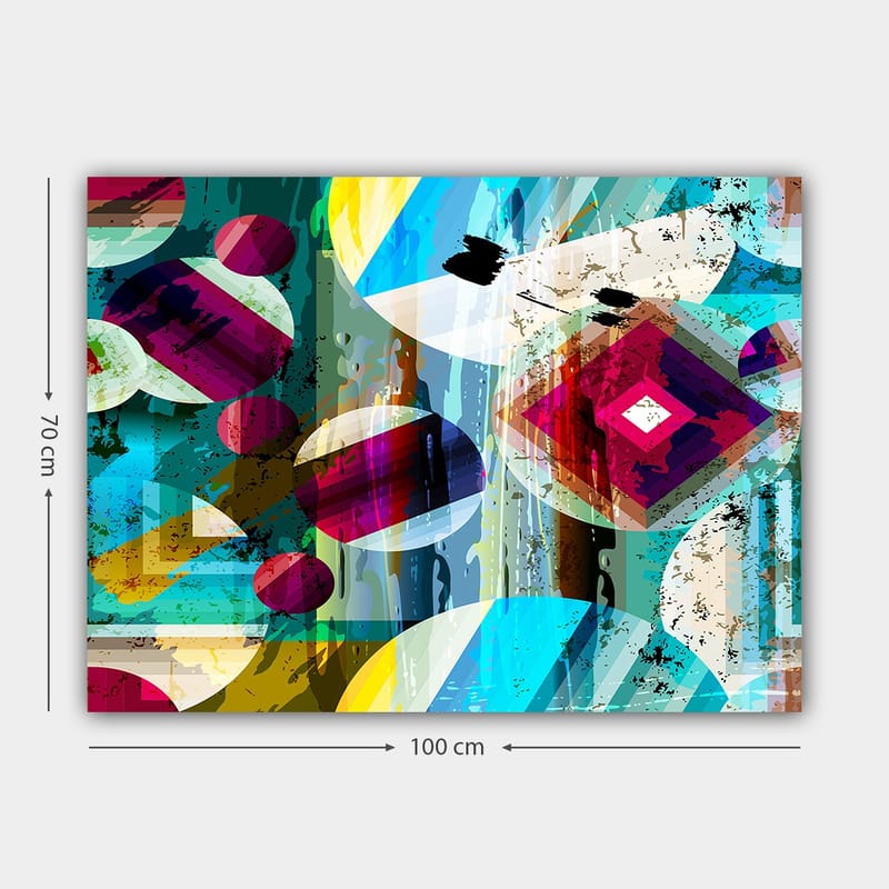 Lærred 70x100 cm - Abstrakt komposition med geometriske former og farverige cirkler - Turkis / Rød / Gul - Boligtilbehør - Billeder & kunst - Billeder på lærred