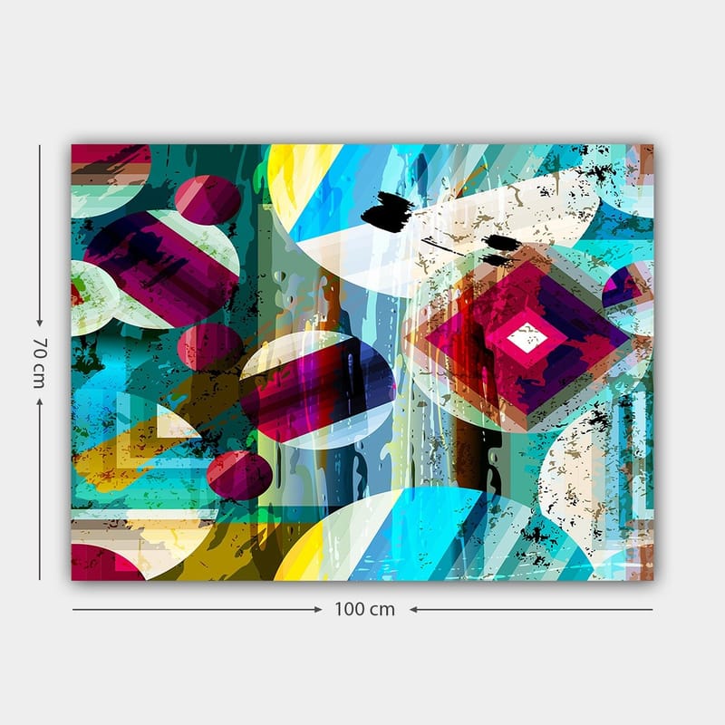 Lærred 70x100 cm - Abstrakt komposition med geometriske former og farverige cirkler - Turkis / Rød / Gul - Boligtilbehør - Billeder & kunst - Billeder på lærred