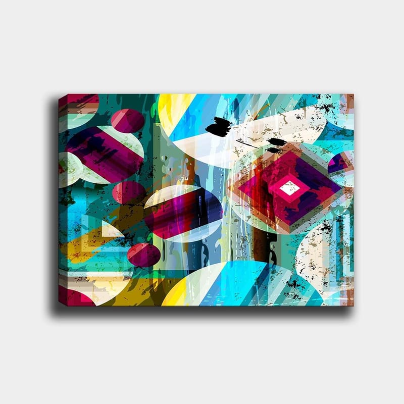 Lærred 70x100 cm - Abstrakt komposition med geometriske former og farverige cirkler, Turkis / Rød / Gul