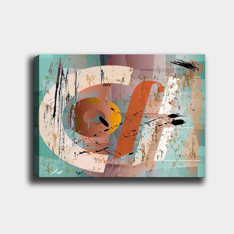 Lærred 70x100 cm - Abstrakt komposition med geometriske former og farverige elementer, Turkis / Orange / Beige