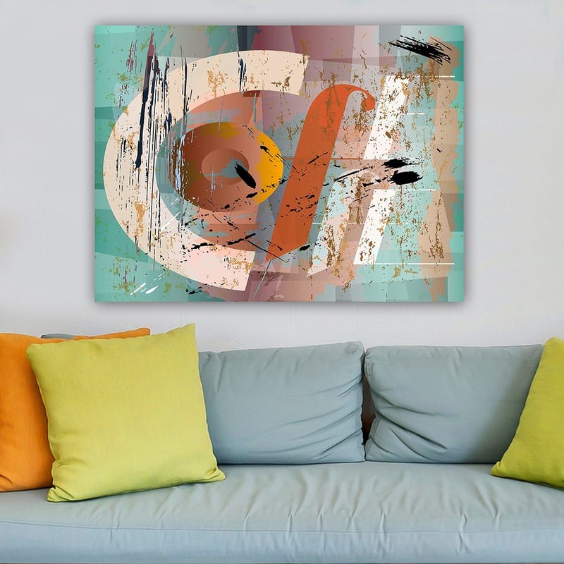 Lærred 70x100 cm - Abstrakt komposition med geometriske former og farverige elementer - Turkis / Orange / Beige - Boligtilbehør - Billeder & kunst - Billeder på lærred