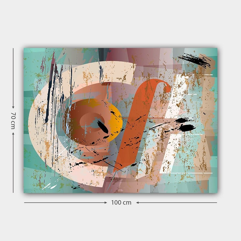 Lærred 70x100 cm - Abstrakt komposition med geometriske former og farverige elementer - Turkis / Orange / Beige - Boligtilbehør - Billeder & kunst - Billeder på lærred