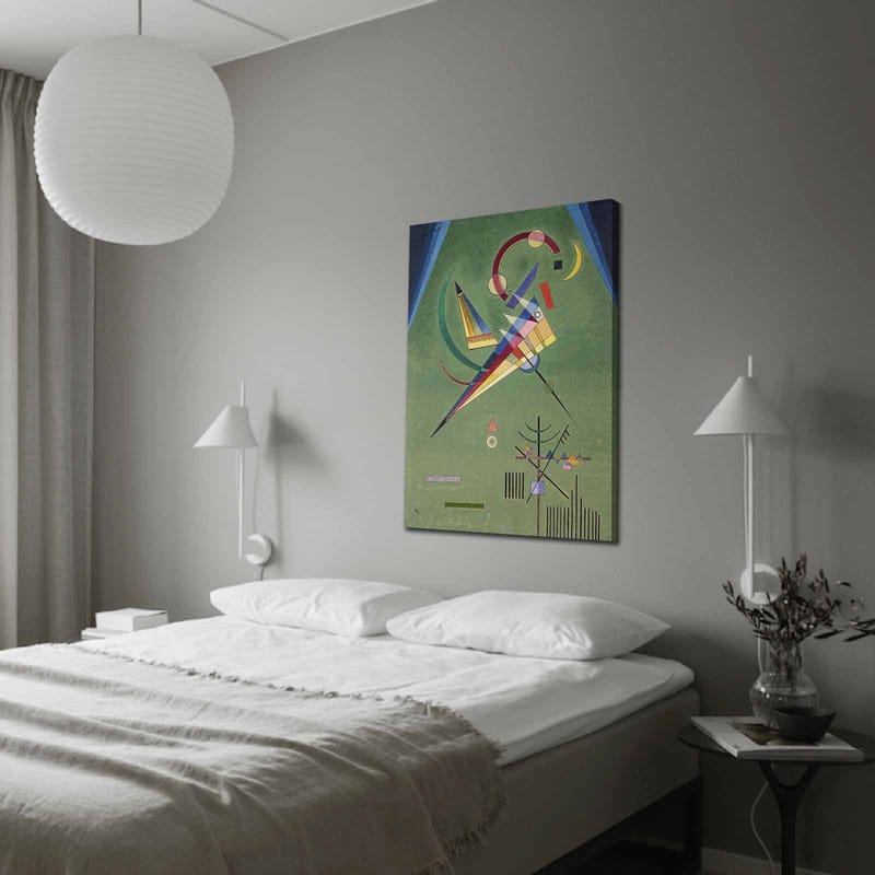 Lærred 70x100 cm - Abstrakt komposition med geometriske former og farverige linjer, Grøn / Blå / Rød