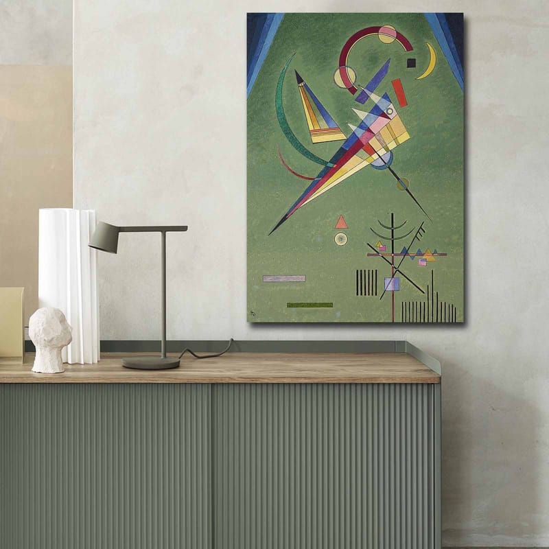 Lærred 70x100 cm - Abstrakt komposition med geometriske former og farverige linjer - Grøn / Blå / Rød - Boligtilbehør - Billeder & kunst - Billeder på lærred