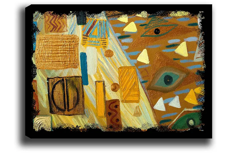 Lærred 70x100 cm - Abstrakt komposition med geometriske former og farverige mønstre - Guld / Blå / Grøn - Boligtilbehør - Billeder & kunst - Billeder på lærred
