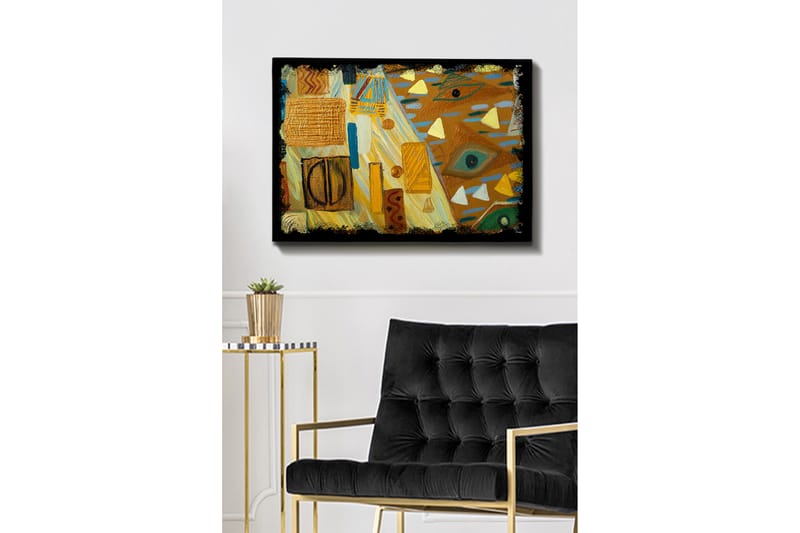 Lærred 70x100 cm - Abstrakt komposition med geometriske former og farverige mønstre, Guld / Blå / Grøn