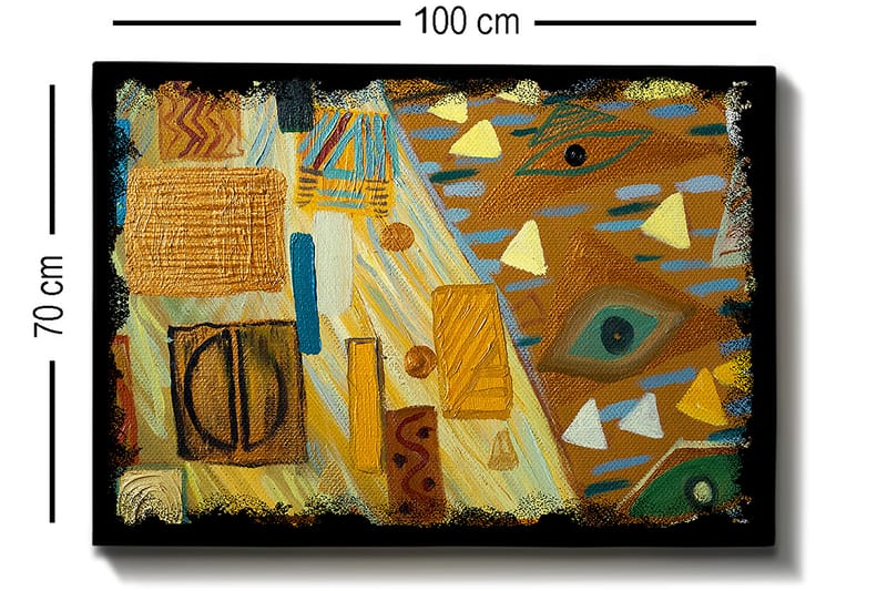 Lærred 70x100 cm - Abstrakt komposition med geometriske former og farverige mønstre - Guld / Blå / Grøn - Boligtilbehør - Billeder & kunst - Billeder på lærred