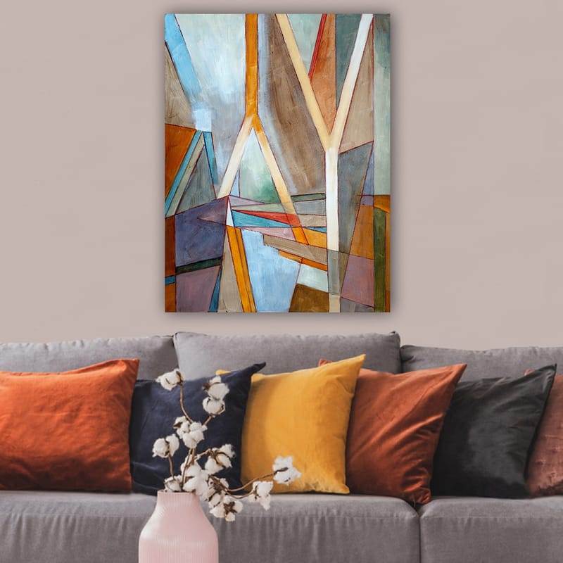 Lærred 70x100 cm - Abstrakt komposition med geometriske former og linjer, der skaber en dynamisk følelse - Blå / Orange / Brun - Boligtilbehør - Billeder & kunst - Billeder på lærred