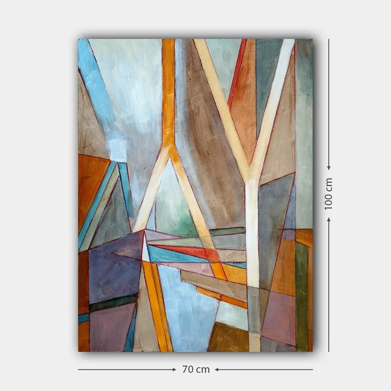 Lærred 70x100 cm - Abstrakt komposition med geometriske former og linjer, der skaber en dynamisk følelse - Blå / Orange / Brun - Boligtilbehør - Billeder & kunst - Billeder på lærred