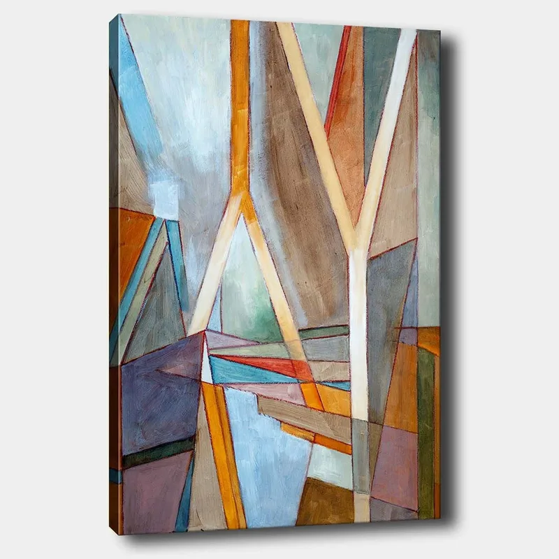 Lærred 70x100 cm - Abstrakt komposition med geometriske former og linjer, der skaber en dynamisk følelse, Blå / Orange / Brun