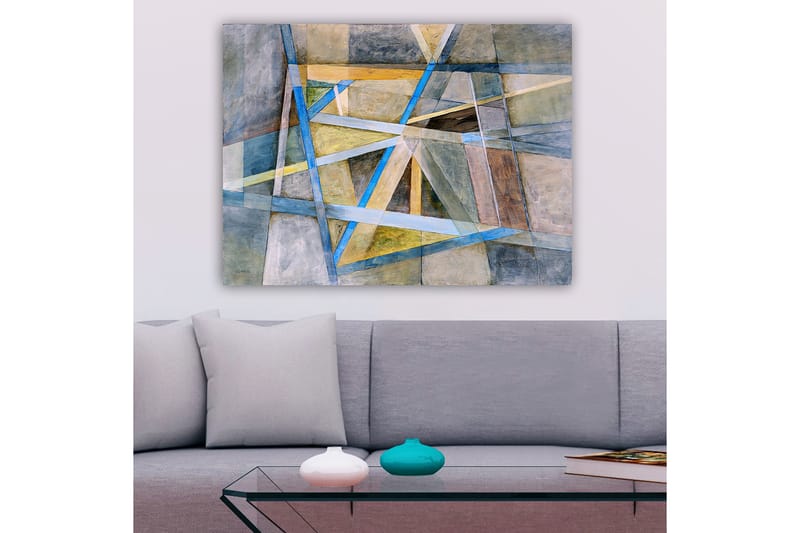 Lærred 70x100 cm - Abstrakt komposition med geometriske former og linjer i harmoniske farver - Blå / Beige / Grå - Boligtilbehør - Billeder & kunst - Billeder på lærred