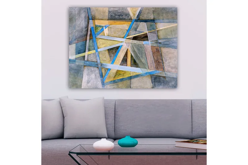 Lærred 70x100 cm - Abstrakt komposition med geometriske former og linjer i harmoniske farver - Blå / Beige / Grå - Boligtilbehør - Billeder & kunst - Billeder på lærred