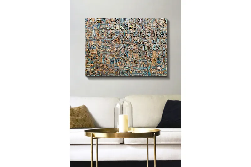 Lærred 70x100 cm - Abstrakt komposition med geometriske former og mønstre i forskellige nuancer, Blå / Bronze / Sort