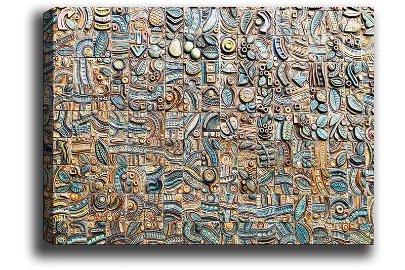 Lærred 70x100 cm - Abstrakt komposition med geometriske former og mønstre i forskellige nuancer - Blå / Bronze / Sort - Boligtilbehør - Billeder & kunst - Billeder på lærred