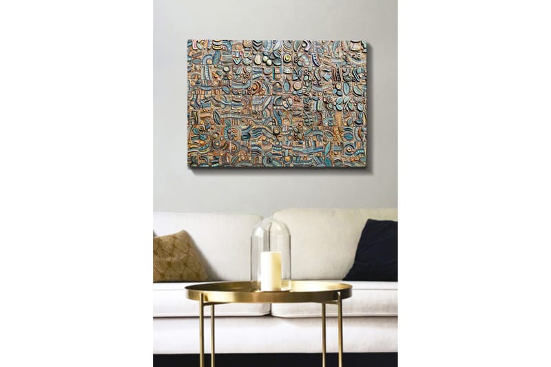 Lærred 70x100 cm - Abstrakt komposition med geometriske former og mønstre i forskellige nuancer, Blå / Bronze / Sort