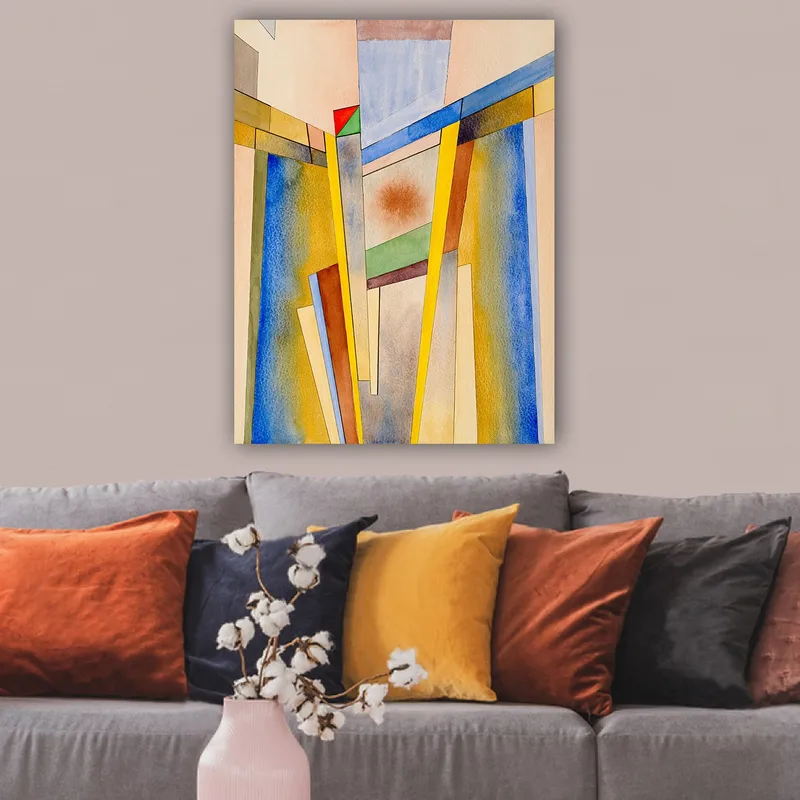 Lærred 70x100 cm - Abstrakt komposition med geometriske former og stærke farver - Gul / Blå / Rød - Boligtilbehør - Billeder & kunst - Billeder på lærred