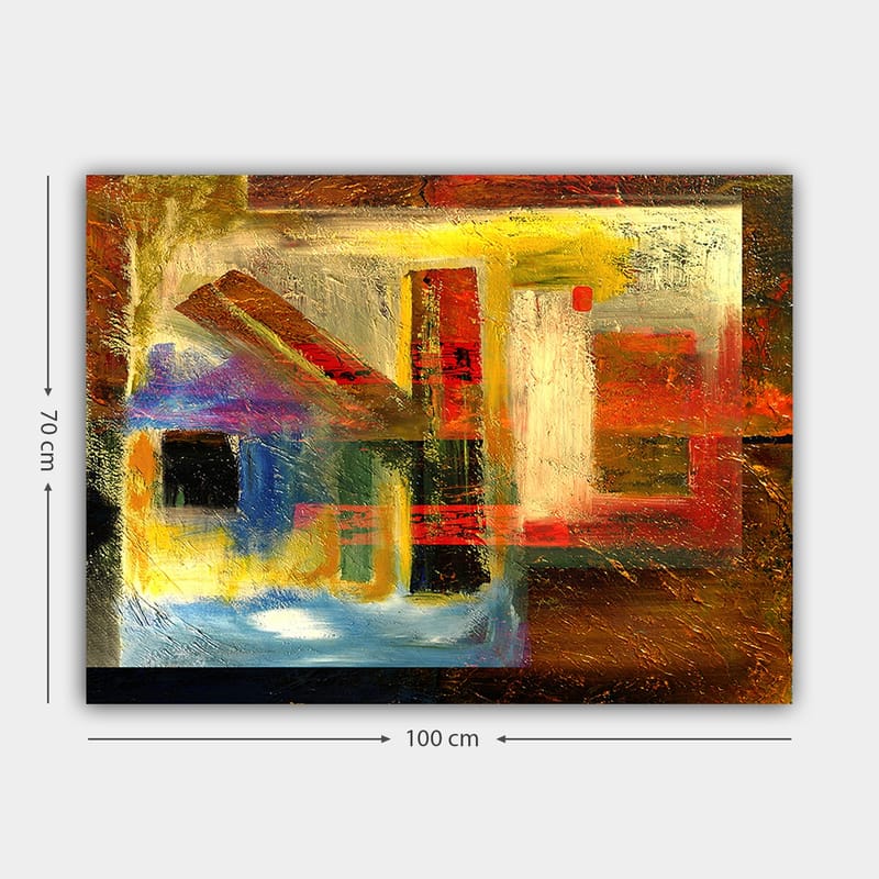 Lærred 70x100 cm - Abstrakt komposition med geometriske former og stærke farver - Rød / Guld / Blå - Boligtilbehør - Billeder & kunst - Billeder på lærred