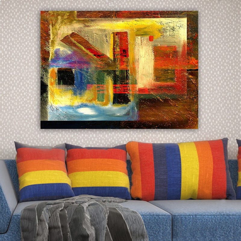 Lærred 70x100 cm - Abstrakt komposition med geometriske former og stærke farver - Rød / Guld / Blå - Boligtilbehør - Billeder & kunst - Billeder på lærred