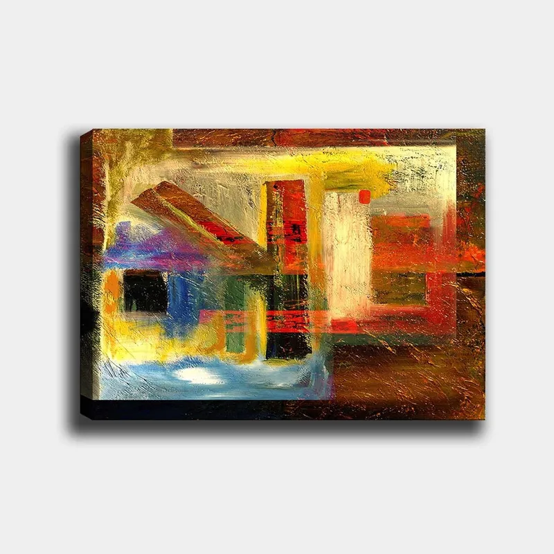 Lærred 70x100 cm - Abstrakt komposition med geometriske former og stærke farver, Rød / Guld / Blå