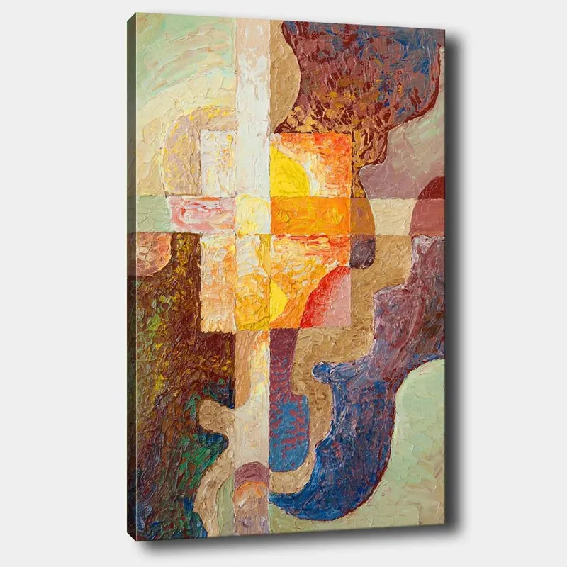 Lærred 70x100 cm - Abstrakt komposition med geometriske former og varme farver, der skaber en dynamisk følelse, Mørkebrun / Orange / Lilla