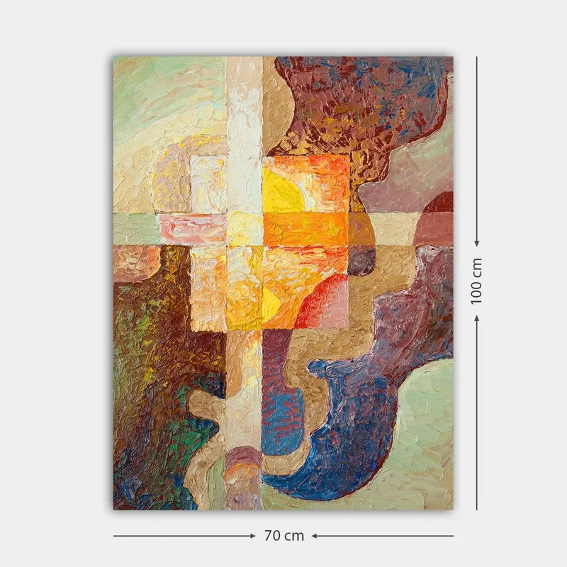 Lærred 70x100 cm - Abstrakt komposition med geometriske former og varme farver, der skaber en dynamisk følelse - Mørkebrun / Orange / Lilla - Boligtilbehør - Billeder & kunst - Billeder på lærred