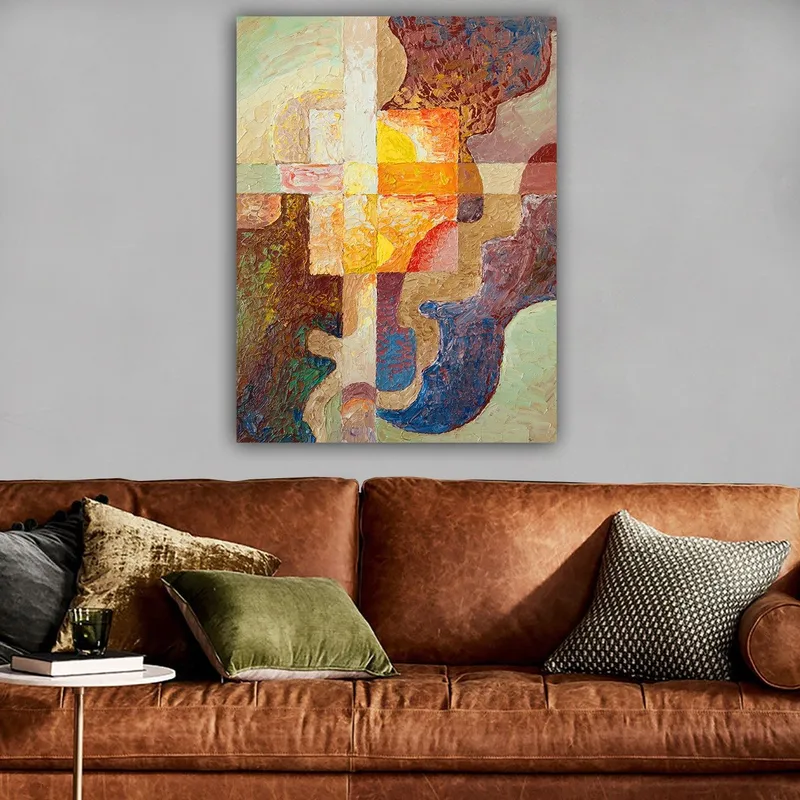 Lærred 70x100 cm - Abstrakt komposition med geometriske former og varme farver, der skaber en dynamisk følelse - Mørkebrun / Orange / Lilla - Boligtilbehør - Billeder & kunst - Billeder på lærred