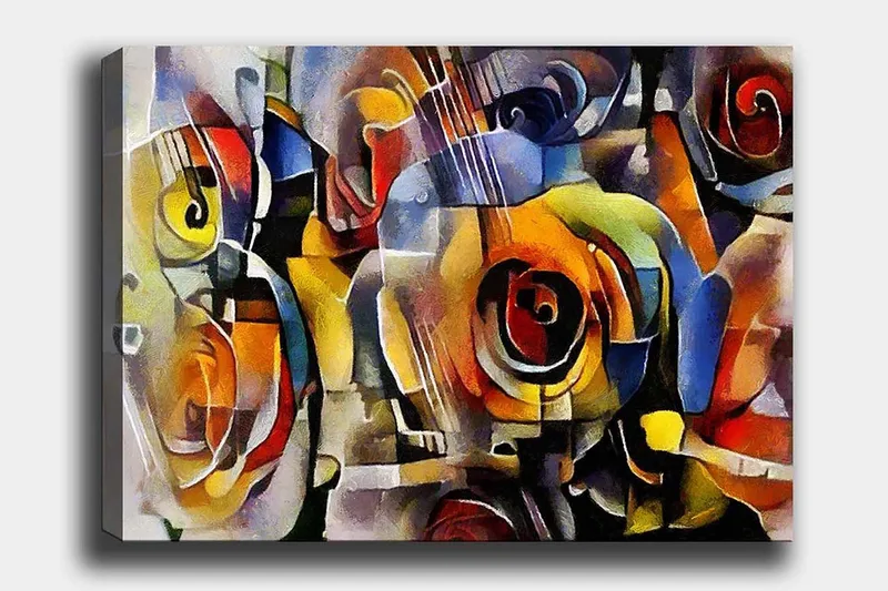 Lærred 70x100 cm - Abstrakt komposition med guitarer og roser i livlige farver, Rød / Gul / Blå