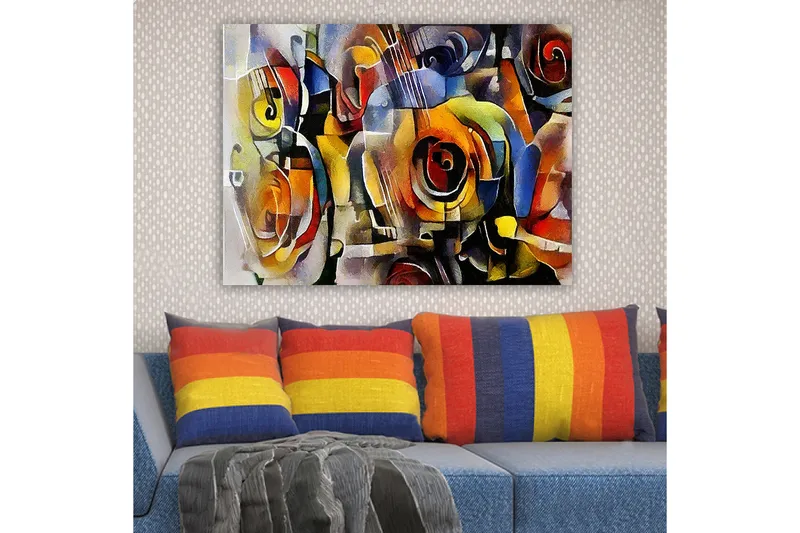 Lærred 70x100 cm - Abstrakt komposition med guitarer og roser i livlige farver - Rød / Gul / Blå - Boligtilbehør - Billeder & kunst - Billeder på lærred