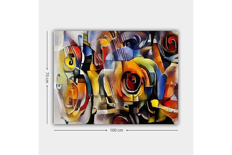 Lærred 70x100 cm - Abstrakt komposition med guitarer og roser i livlige farver - Rød / Gul / Blå - Boligtilbehør - Billeder & kunst - Billeder på lærred