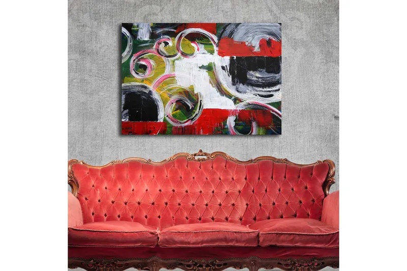 Lærred 70x100 cm - Abstrakt komposition med sorte cirkler og spiralformer i kontrastfarver - Rød / Sort / Hvid - Boligtilbehør - Billeder & kunst - Billeder på lærred