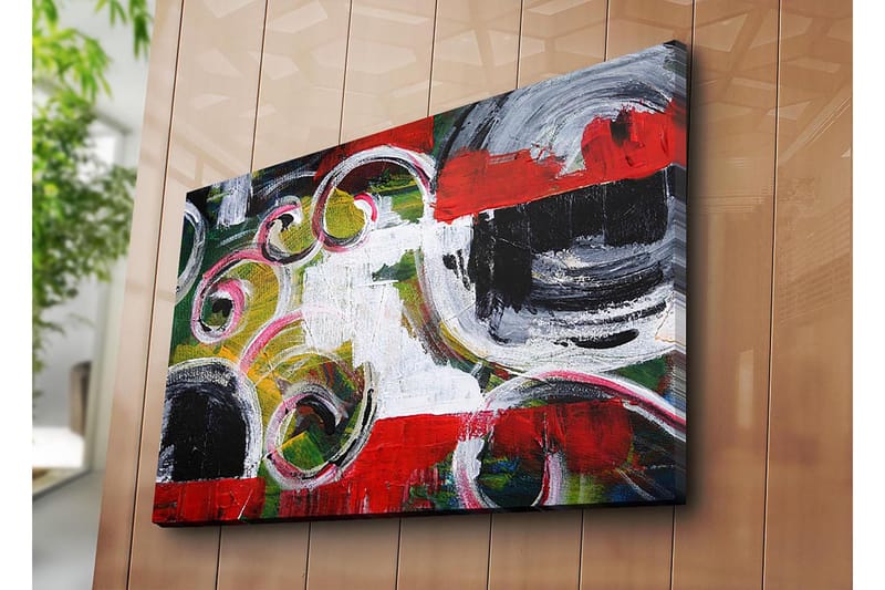 Lærred 70x100 cm - Abstrakt komposition med sorte cirkler og spiralformer i kontrastfarver - Rød / Sort / Hvid - Boligtilbehør - Billeder & kunst - Billeder på lærred