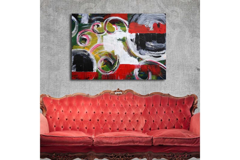 Lærred 70x100 cm - Abstrakt komposition med sorte cirkler og spiralformer i kontrastfarver - Rød / Sort / Hvid - Boligtilbehør - Billeder & kunst - Billeder på lærred