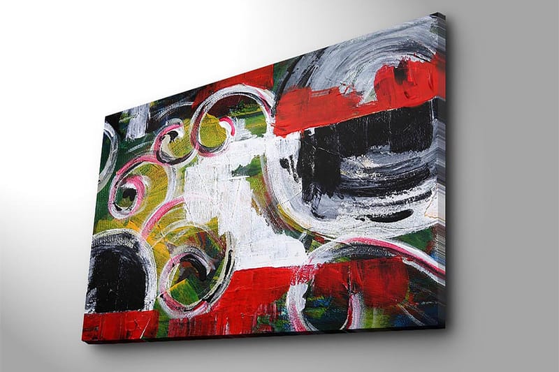 Lærred 70x100 cm - Abstrakt komposition med sorte cirkler og spiralformer i kontrastfarver - Rød / Sort / Hvid - Boligtilbehør - Billeder & kunst - Billeder på lærred