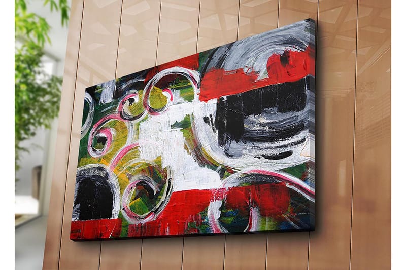 Lærred 70x100 cm - Abstrakt komposition med sorte cirkler og spiralformer i kontrastfarver - Rød / Sort / Hvid - Boligtilbehør - Billeder & kunst - Billeder på lærred