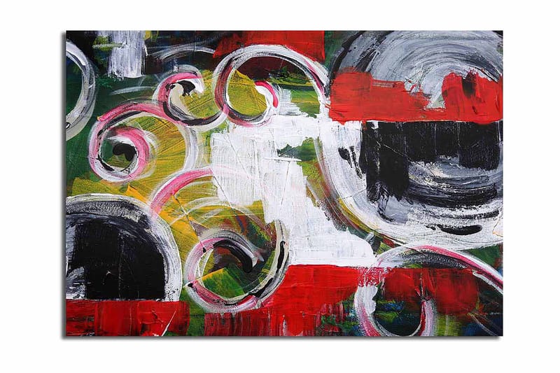 Lærred 70x100 cm - Abstrakt komposition med sorte cirkler og spiralformer i kontrastfarver, Rød / Sort / Hvid