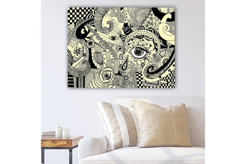 Lærred 70x100 cm - Abstrakt komposition med sorte linjer og mønstre på en lys baggrund, Sort / Lys gul