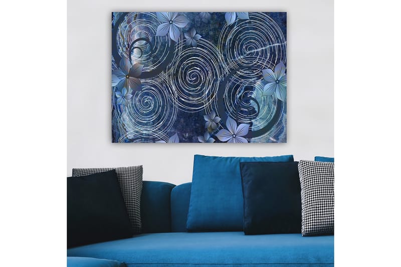 Lærred 70x100 cm - Abstrakt komposition med spiraler og blomster i et harmonisk arrangement - Mørkeblå / Lyseblå / Hvid - Boligtilbehør - Billeder & kunst - Billeder på lærred