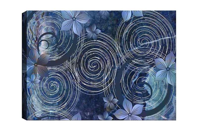 Lærred 70x100 cm - Abstrakt komposition med spiraler og blomster i et harmonisk arrangement, Mørkeblå / Lyseblå / Hvid